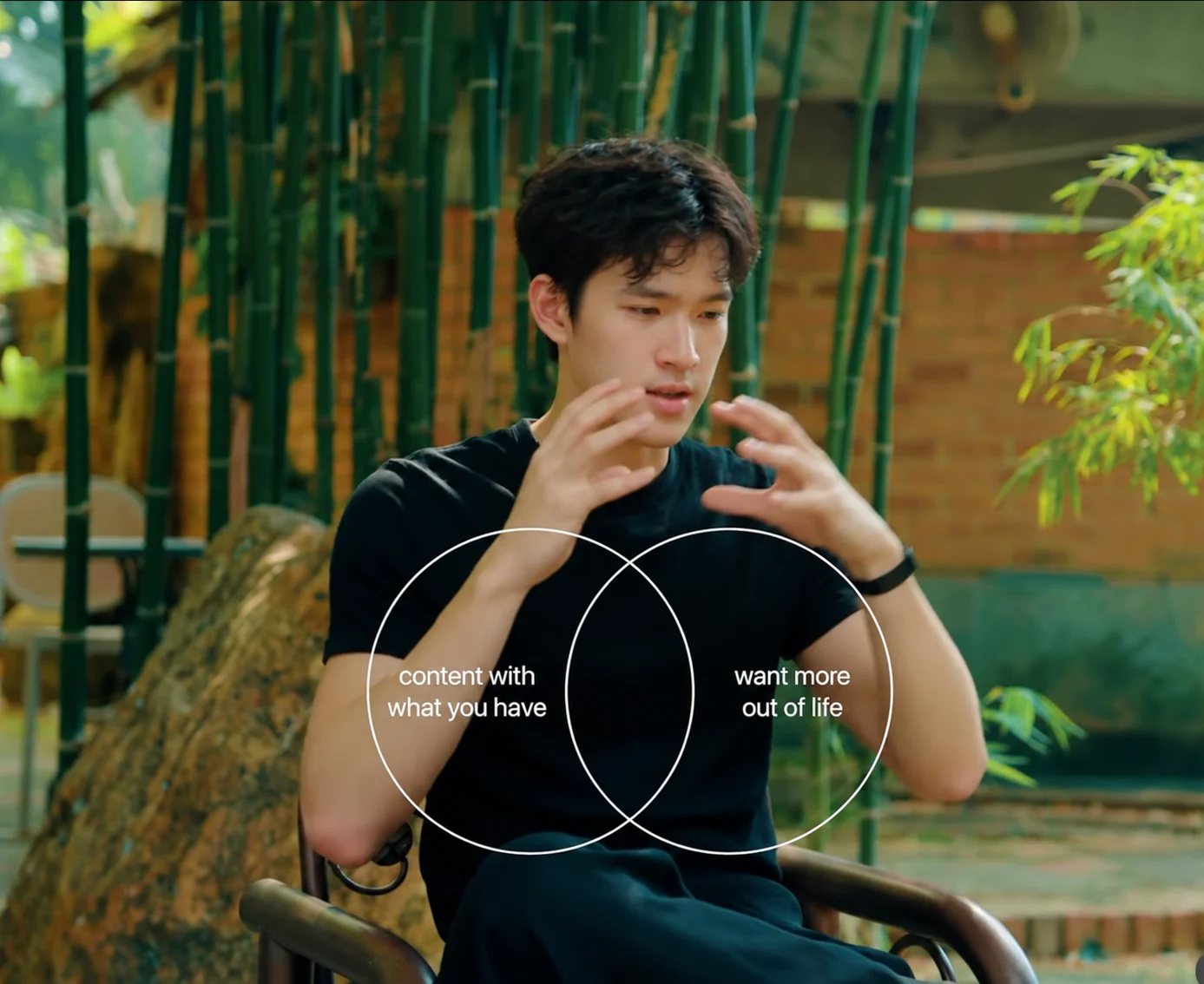A man talking in a bamboo garden, with a two-circle diagram drawn over his words