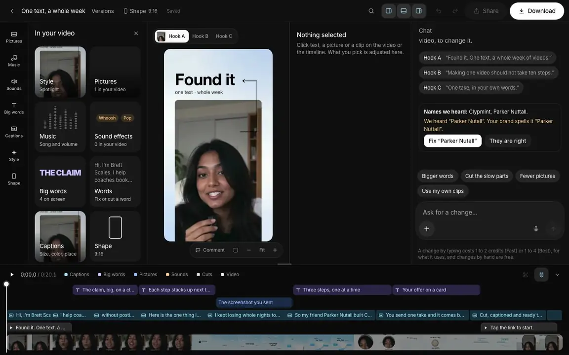 Der Clypmint-Editor: das Video, seine Ebenen, der Chat und die Timeline
