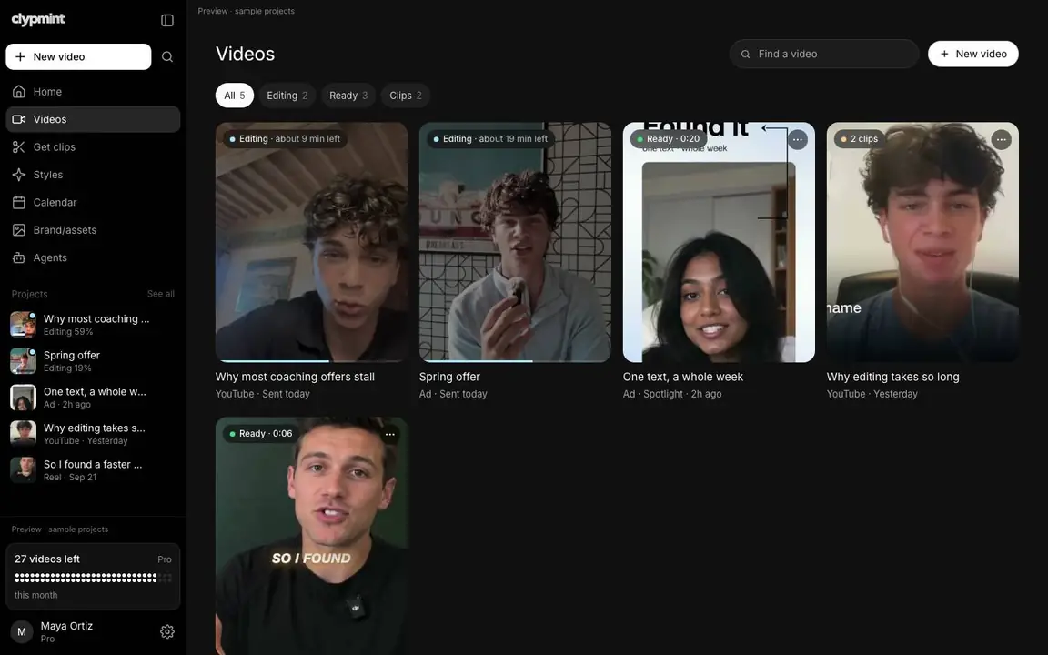 Deine Videos im Clypmint Studio, jeweils mit Bearbeitungsstand